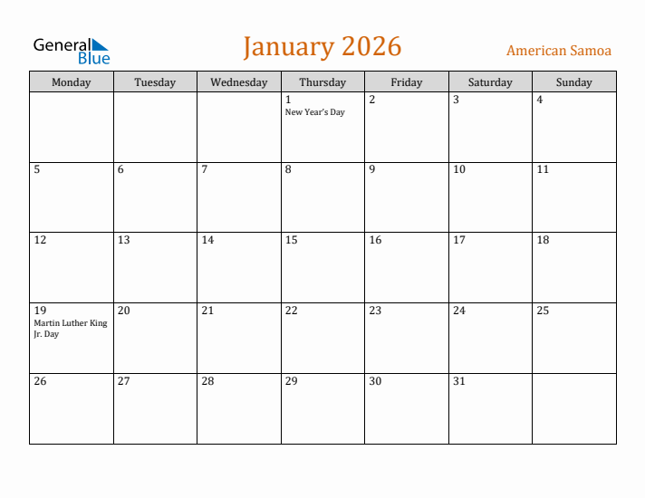 January 2026 Holiday Calendar with Monday Start