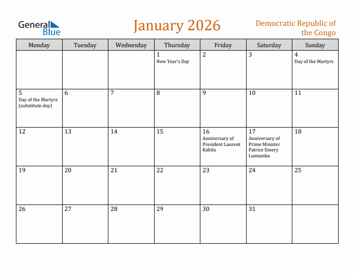 January 2026 Holiday Calendar with Monday Start