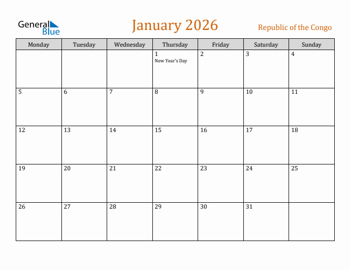 January 2026 Holiday Calendar with Monday Start
