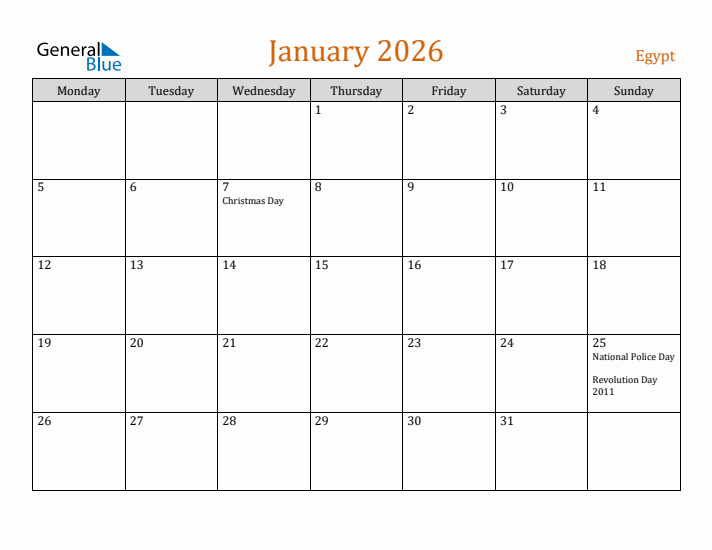 January 2026 Holiday Calendar with Monday Start