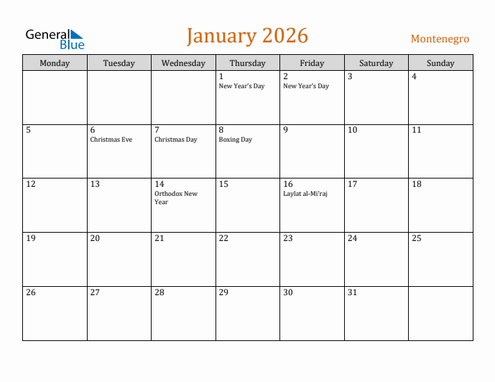 January 2026 Holiday Calendar with Monday Start