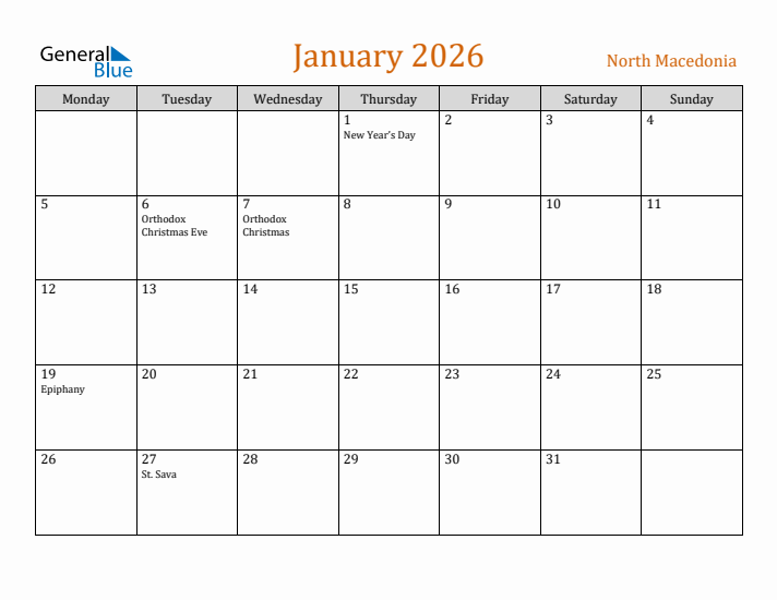 January 2026 Holiday Calendar with Monday Start