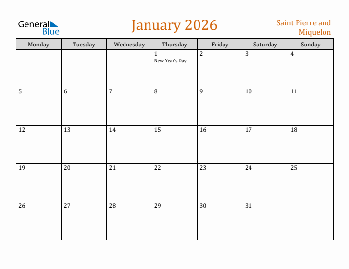January 2026 Holiday Calendar with Monday Start