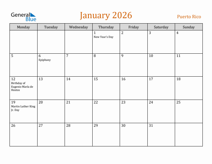 January 2026 Holiday Calendar with Monday Start