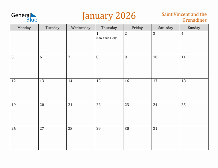 January 2026 Holiday Calendar with Monday Start