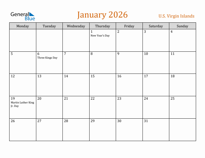 January 2026 Holiday Calendar with Monday Start