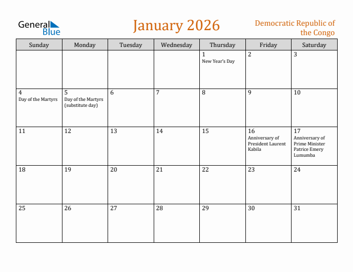 January 2026 Holiday Calendar with Sunday Start