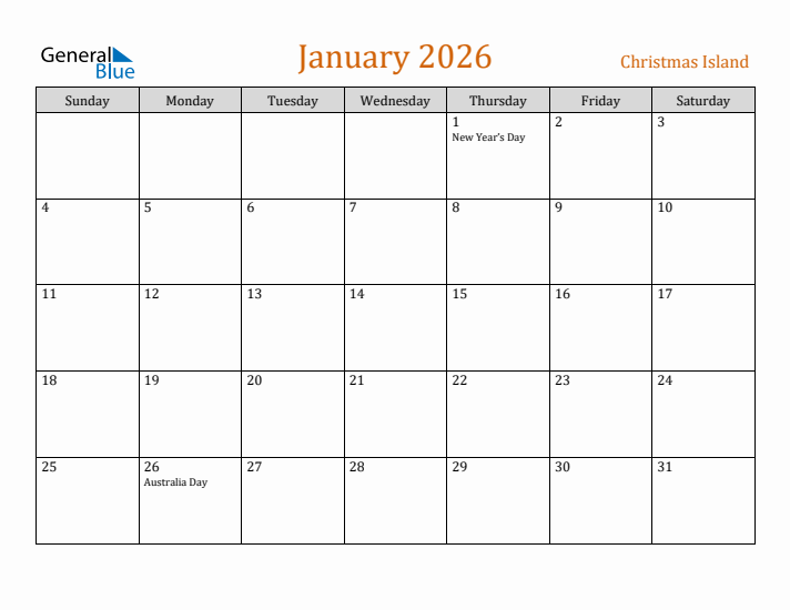 January 2026 Holiday Calendar with Sunday Start