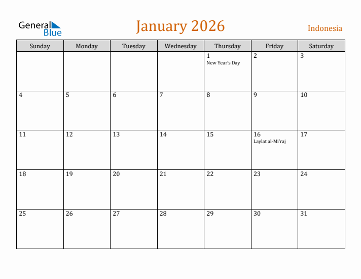 January 2026 Holiday Calendar with Sunday Start