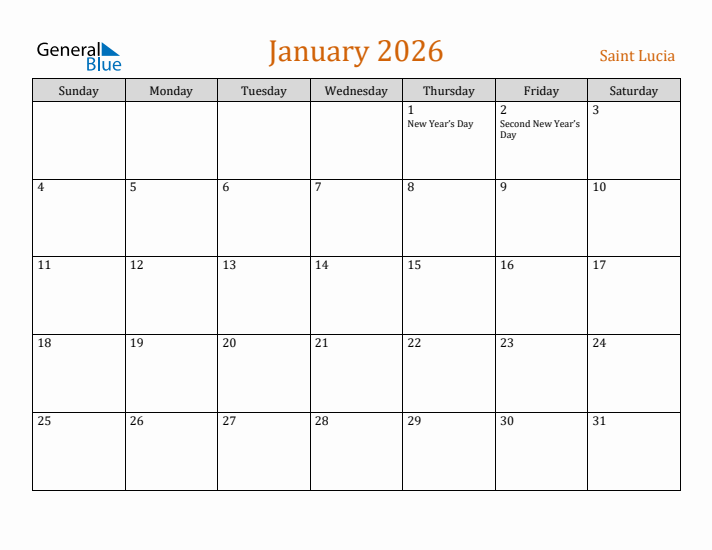 January 2026 Holiday Calendar with Sunday Start
