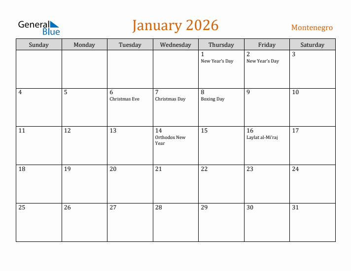 January 2026 Holiday Calendar with Sunday Start
