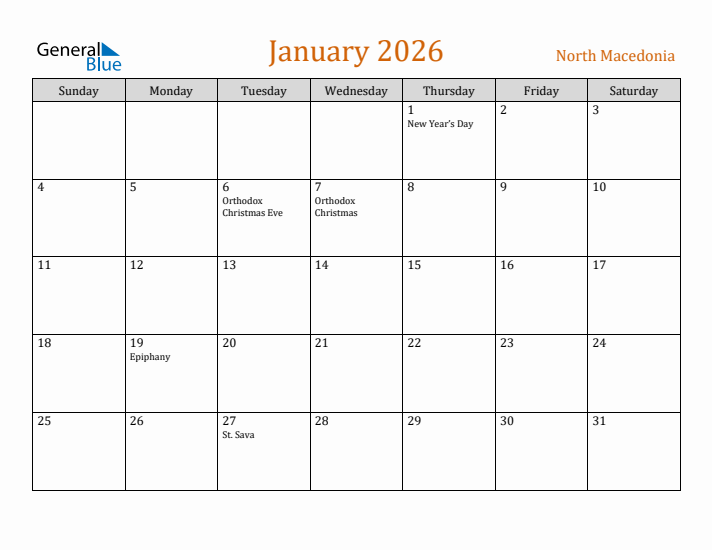 January 2026 Holiday Calendar with Sunday Start
