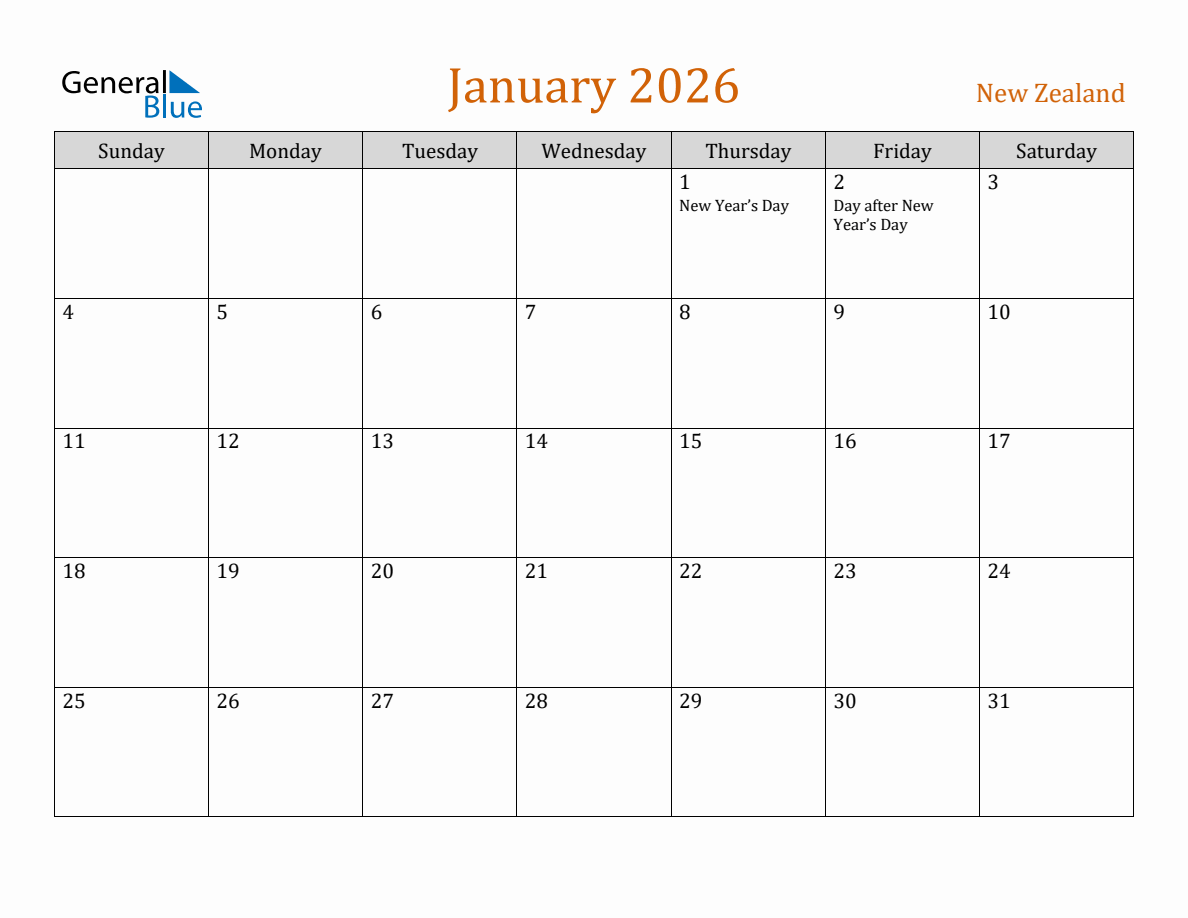 Free January 2026 New Zealand Calendar