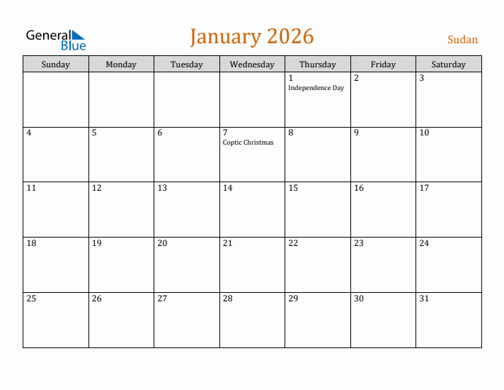 January 2026 Holiday Calendar with Sunday Start
