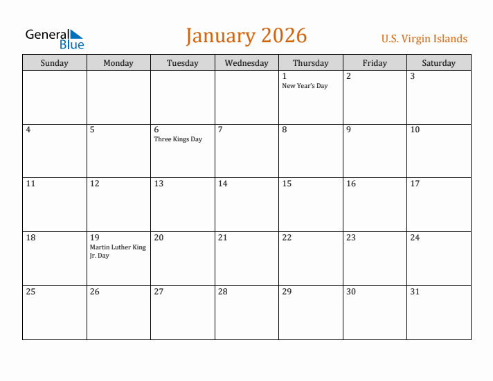 January 2026 Holiday Calendar with Sunday Start
