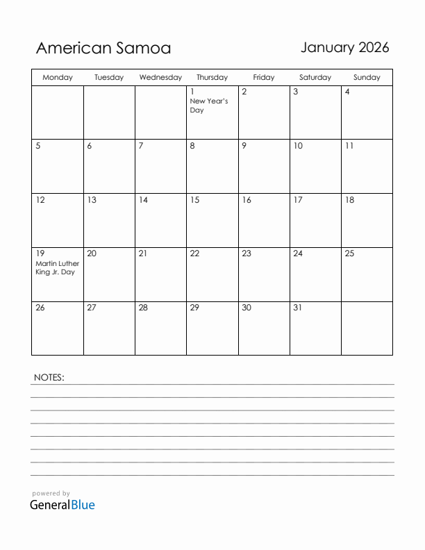 January 2026 American Samoa Calendar with Holidays (Monday Start)