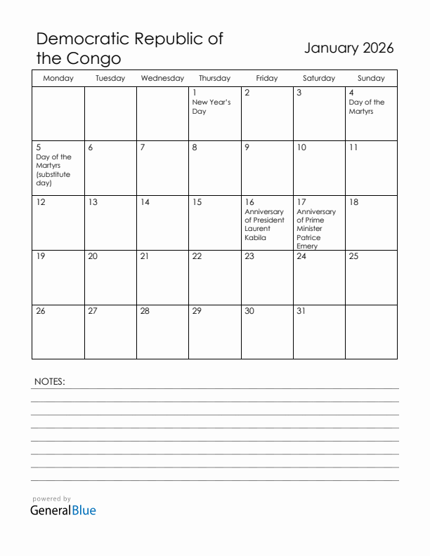 January 2026 Democratic Republic of the Congo Calendar with Holidays (Monday Start)
