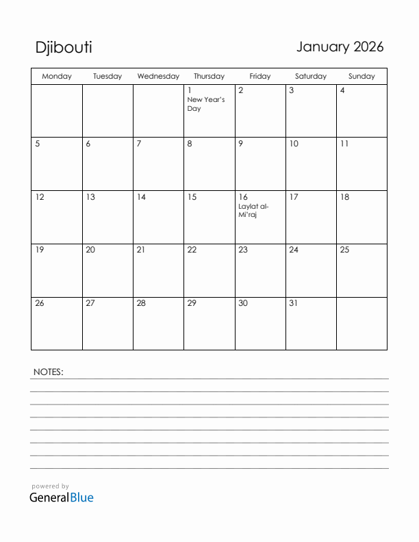 January 2026 Djibouti Calendar with Holidays (Monday Start)