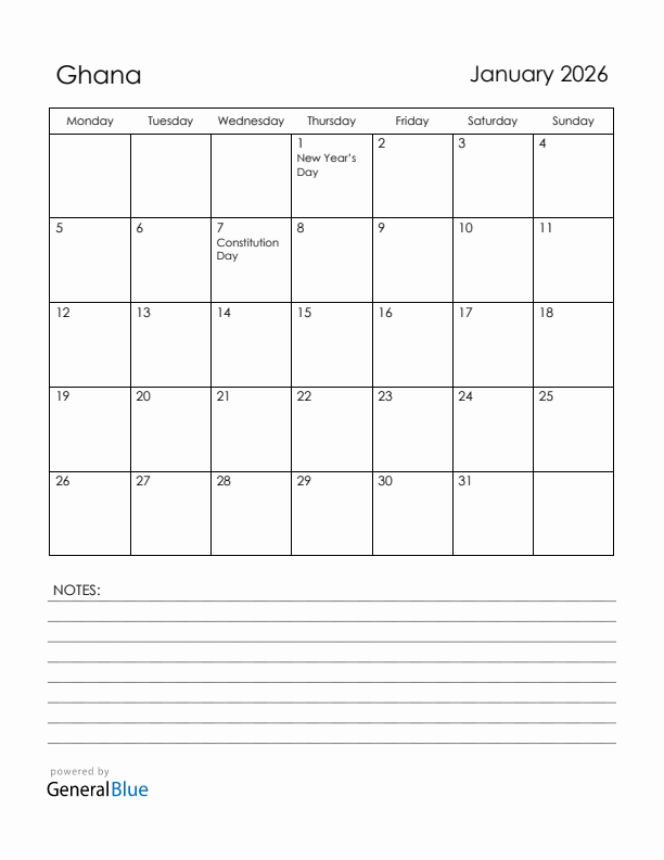 January 2026 Ghana Calendar with Holidays (Monday Start)