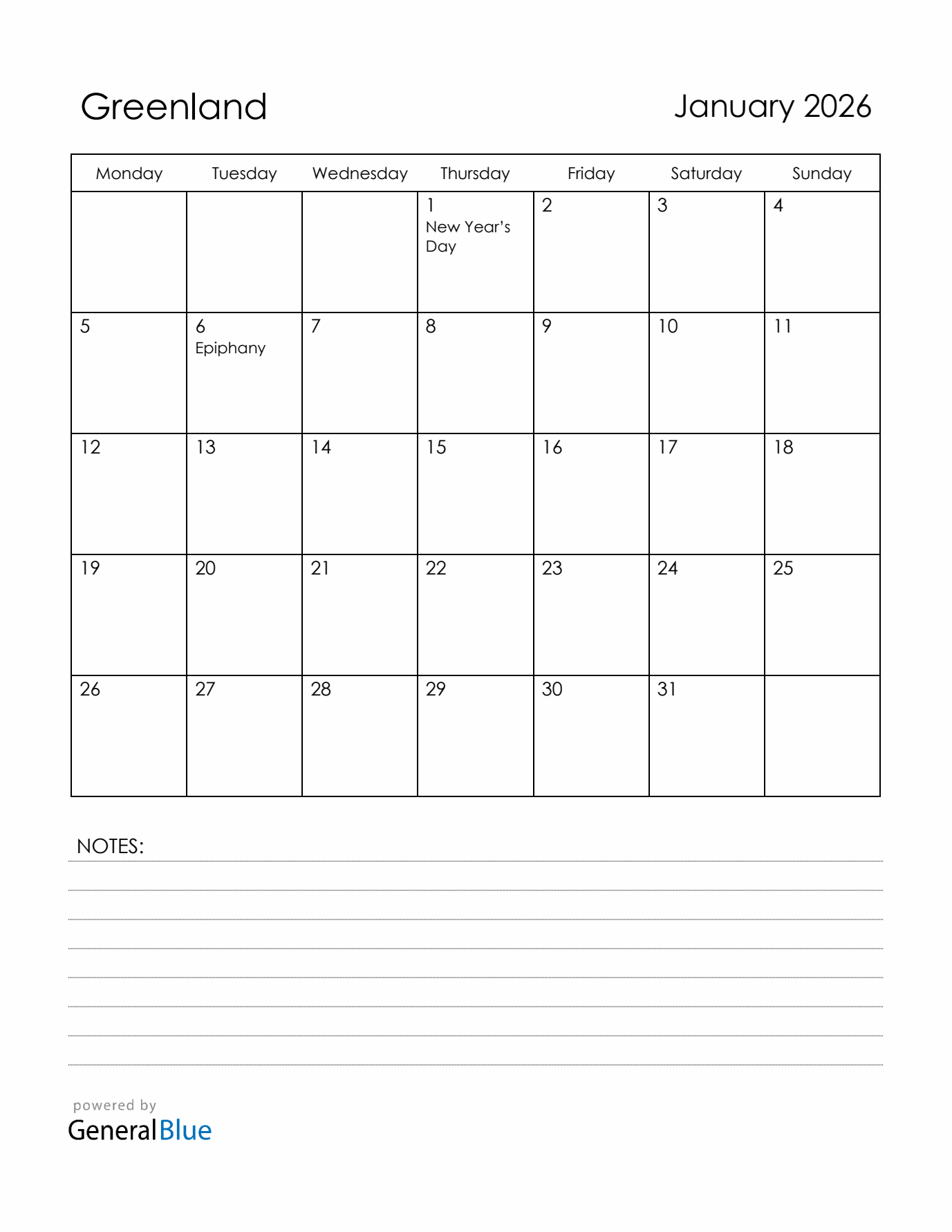 January 2026 Greenland Calendar with Holidays (Monday Start)