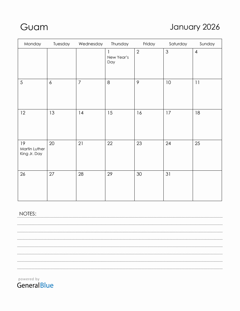 January 2026 Guam Calendar with Holidays