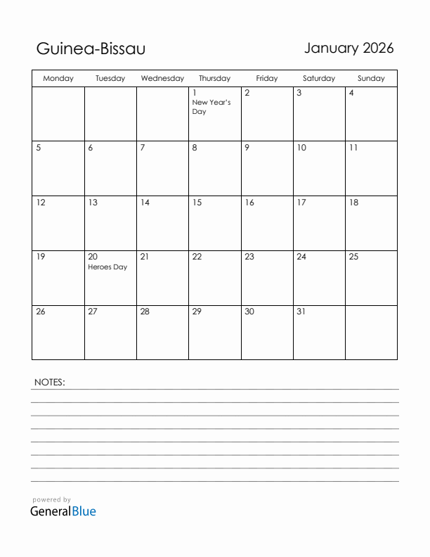 January 2026 Guinea-Bissau Calendar with Holidays (Monday Start)