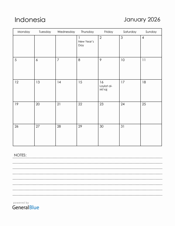 January 2026 Indonesia Calendar with Holidays (Monday Start)