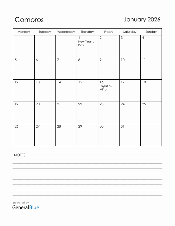 January 2026 Comoros Calendar with Holidays (Monday Start)