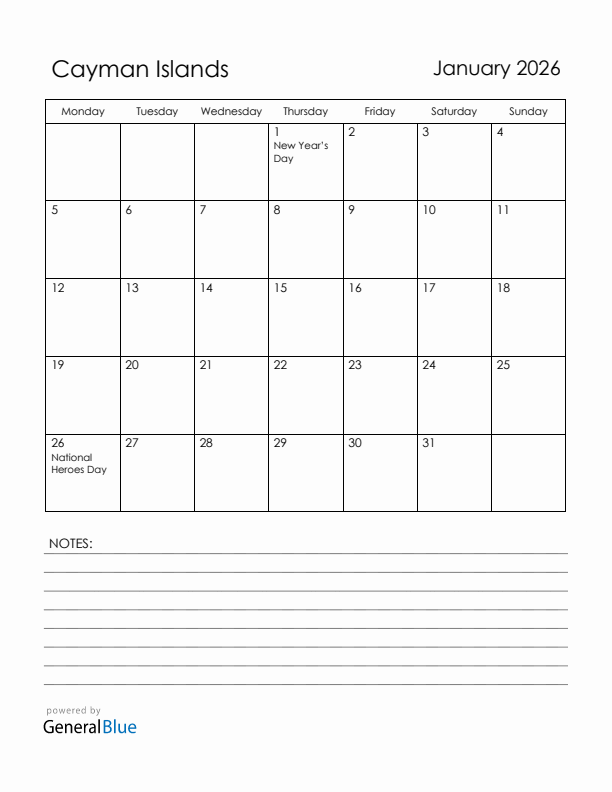 January 2026 Cayman Islands Calendar with Holidays (Monday Start)