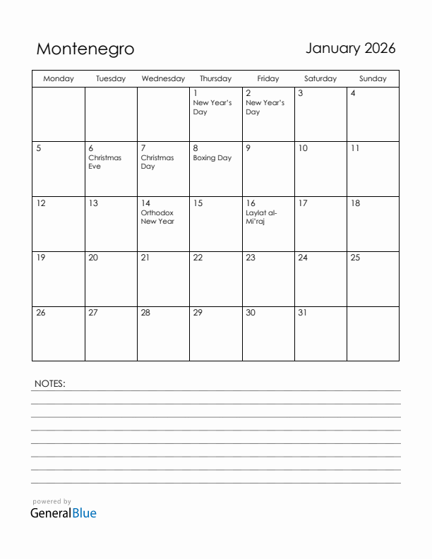 January 2026 Montenegro Calendar with Holidays (Monday Start)