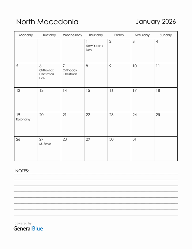January 2026 North Macedonia Calendar with Holidays (Monday Start)