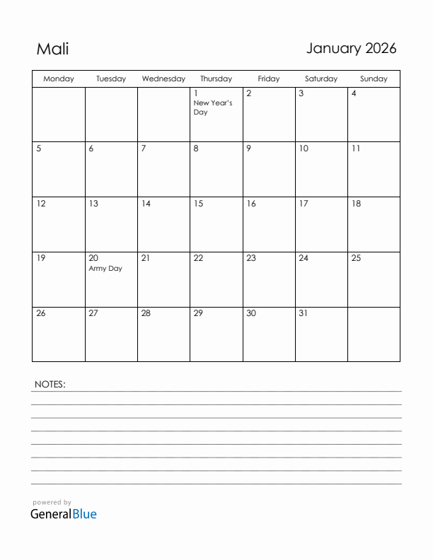 January 2026 Mali Calendar with Holidays (Monday Start)