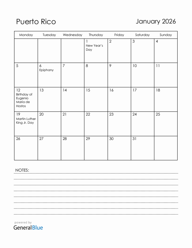 January 2026 Puerto Rico Calendar with Holidays (Monday Start)