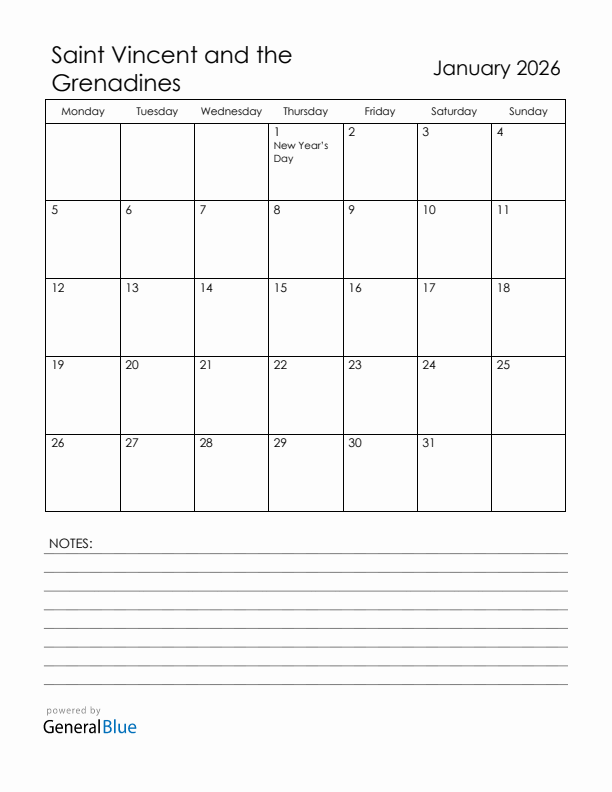 January 2026 Saint Vincent and the Grenadines Calendar with Holidays (Monday Start)