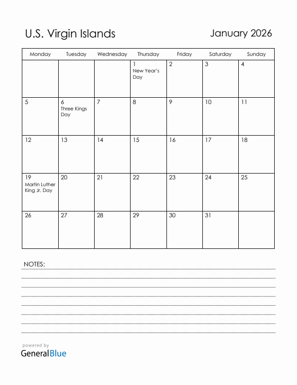 January 2026 U.S. Virgin Islands Calendar with Holidays (Monday Start)
