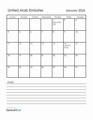 Current month calendar with United Arab Emirates holidays for January 2026