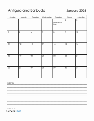Current month calendar with Antigua and Barbuda holidays for January 2026