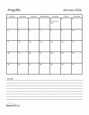 Current month calendar with Anguilla holidays for January 2026