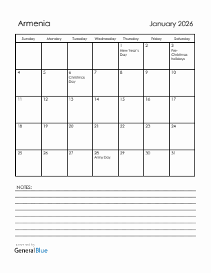 Current month calendar with Armenia holidays for January 2026