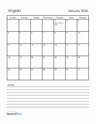 Current month calendar with Angola holidays for January 2026