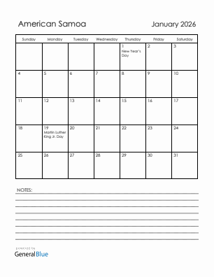 Current month calendar with American Samoa holidays for January 2026