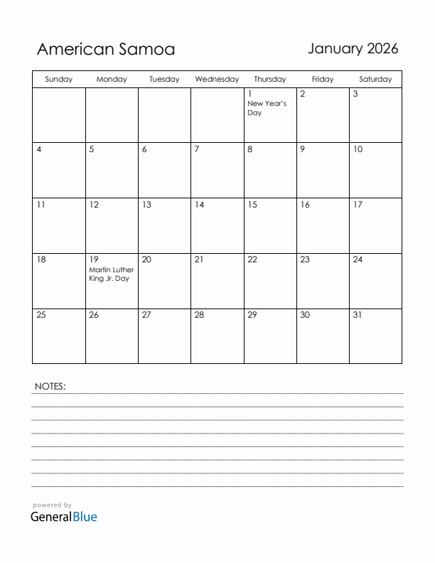 January 2026 American Samoa Calendar with Holidays (Sunday Start)