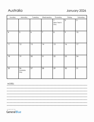 Current month calendar with Australia holidays for January 2026