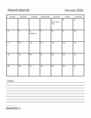 Current month calendar with Aland Islands holidays for January 2026