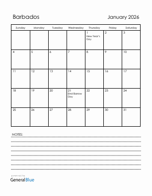 Current month calendar with Barbados holidays for January 2026