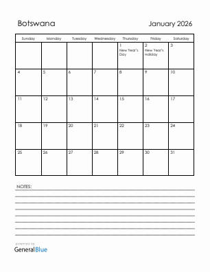 Current month calendar with Botswana holidays for January 2026