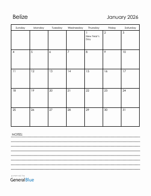 Current month calendar with Belize holidays for January 2026
