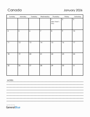 Current month calendar with Canada holidays for January 2026