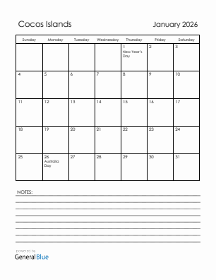 Current month calendar with Cocos Islands holidays for January 2026