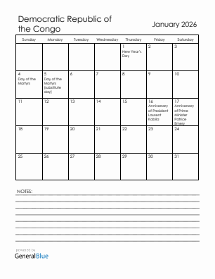 Current month calendar with Democratic Republic of the Congo holidays for January 2026